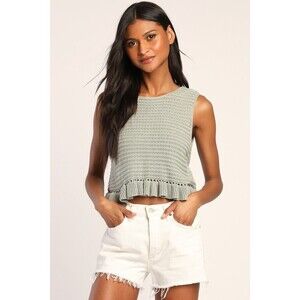 Lulus Flouncin' Around Dusty Sage Cropped Ruffled Sweater Tank Green - Size M
